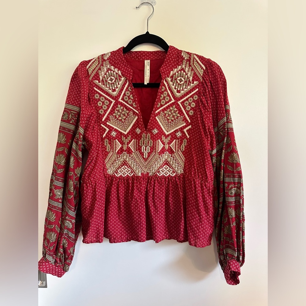 Anthropologie embroidered peplum boho top